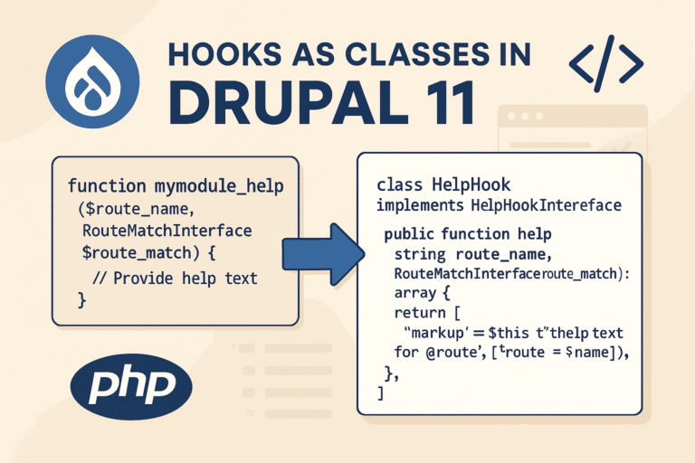 Illustration showing transition from procedural hooks as classes-based hooks in Drupal 11 with PHP and Drupal logos