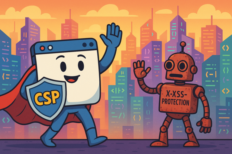 Superhero browser with shield labeled CSP saying goodbye to rusty robot labeled X-XSS-Protection