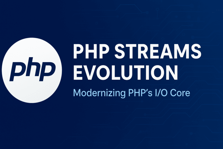 Modern abstract illustration of PHP streams and asynchronous I/O — glowing data flow between server and network, symbolising PHP Streams Evolution