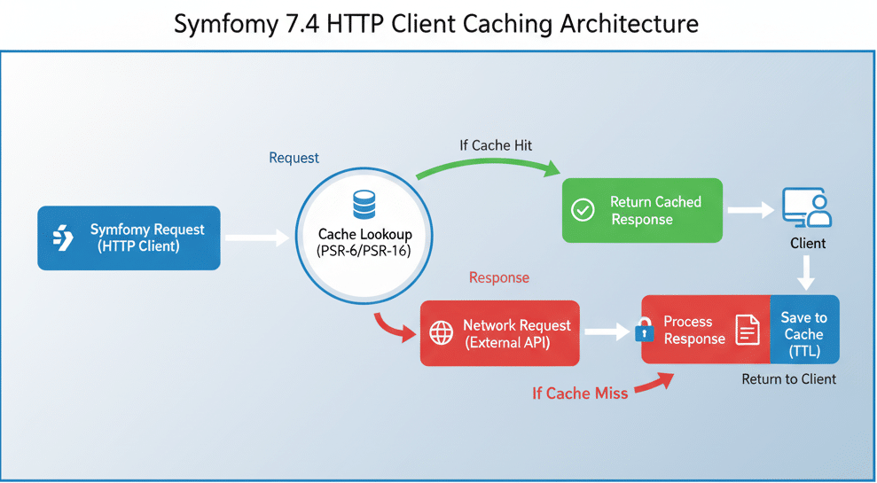 Symfony 7.4 Caching HTTP Client architecture diagram showing how requests are processed through cache lookup, cache hit, or network request to improve application performance.